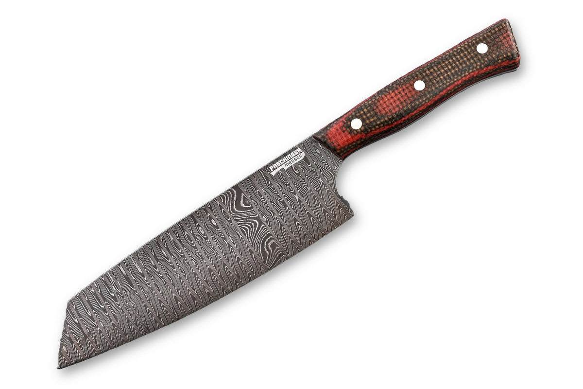 Damast Santoku 175 mm, Leiterdamast, Griff aus Micarta rot/grün – freigestellt auf weißem Hintergrund