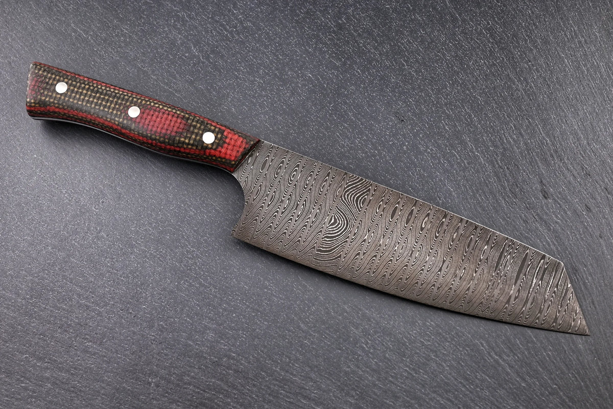 Damast Santoku 175 mm, Leiterdamast, Griff aus Micarta rot/grün – zweite Ansicht