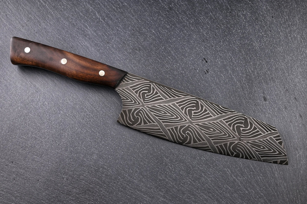 Damast Santoku 170 mm, Mosaikdamast, Griff aus Nussholz – zweite Ansicht
