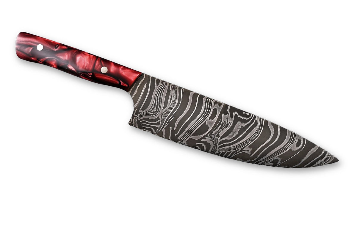 Damast Chefmesser 185 mm, wilder Damast, Griff aus Kirinite True Blood – freigestellt auf weißem Hintergrund