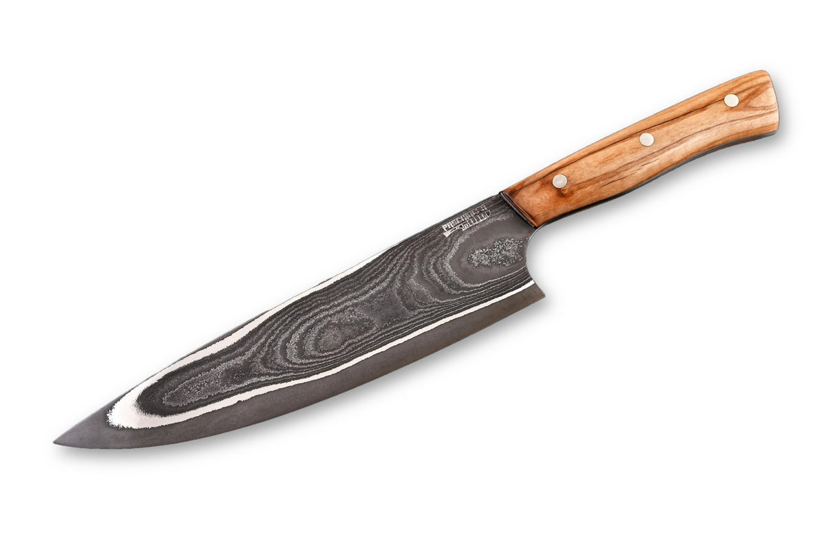 Damast Chefmesser 200 mm, Apex Ultra & Nickel, Griff aus Olivenholz – freigestellt auf weißem Hintergrund