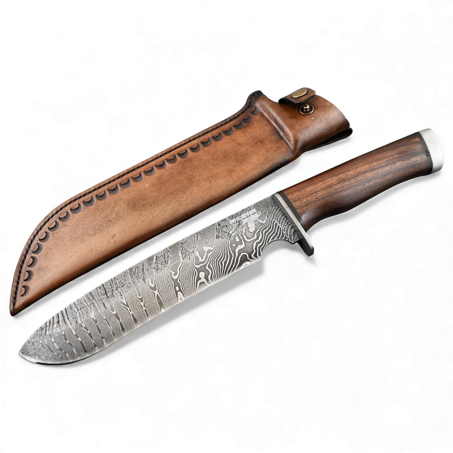 Damast-Buschcraft-Messer BigBoy mit brauner Lederscheide und Holzgriff