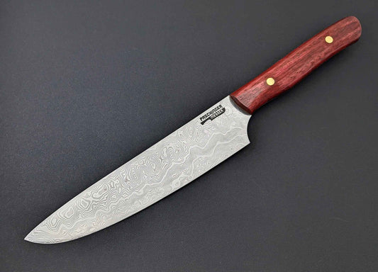 Damast-Küchenmesser 18,5 cm mit rotem Holzgriff und Damaststahlklinge