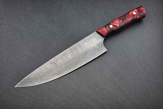 Damast-Chefmesser 20 cm mit rot-schimmerndem Griff und damaszierten Klingenmuster