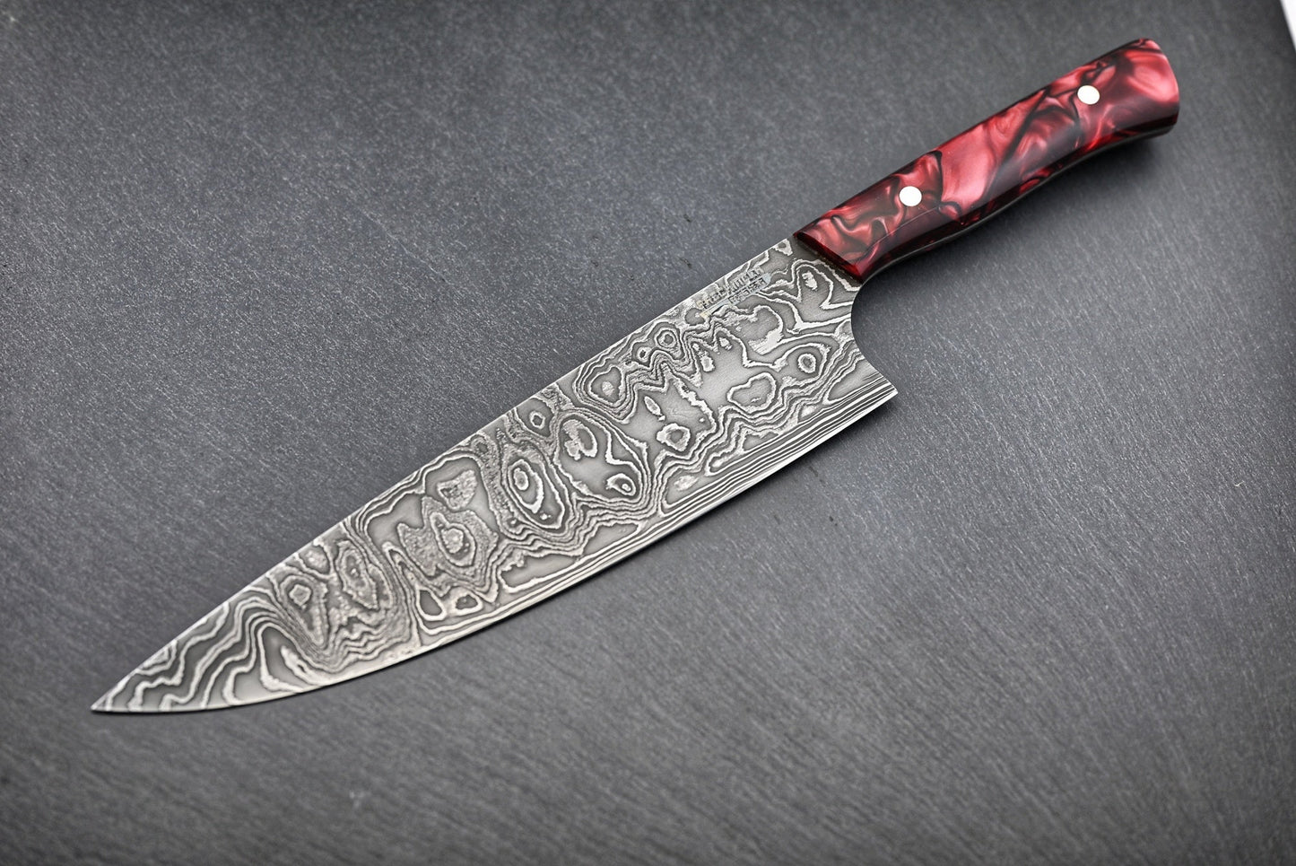 Damast-Kochmesser 22 cm mit roten Griffschalen, Damastklinge im Wildmuster