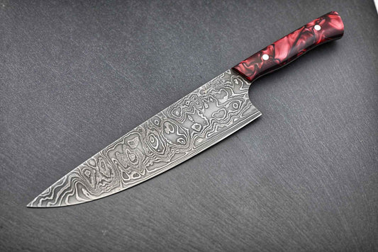 Damast-Kochmesser 22 cm mit roten Griffschalen, Damastklinge im Wildmuster