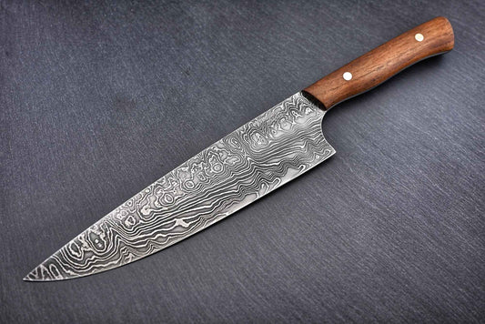 Damast-Chefmesser 22 cm mit Holzgriff und Wilder-Damast-Klinge, Damaskusmuster