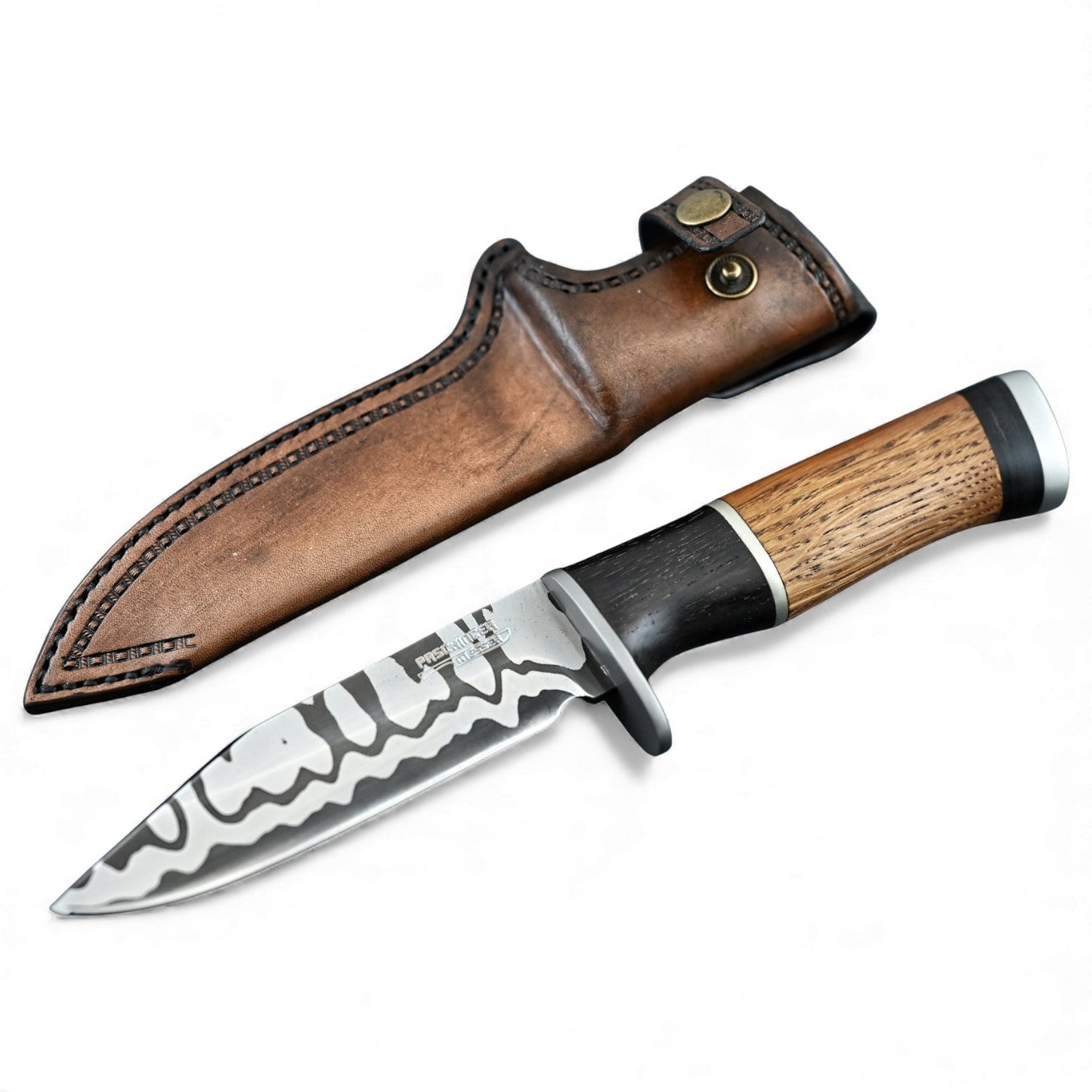 Damast-Jagdmesser „Hunter“ mit Lederscheide und Damastklinge, Holzgriff