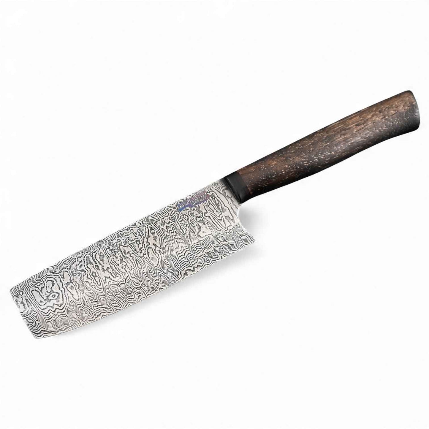 Damast Nakiri-Messer mit Holzgriff, 120 Lagen, Damastmuster auf der Klinge.