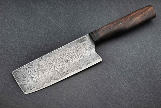 Nakiri-Messer 13,5 cm: Wilder-Damastklinge, dunkler Holzgriff