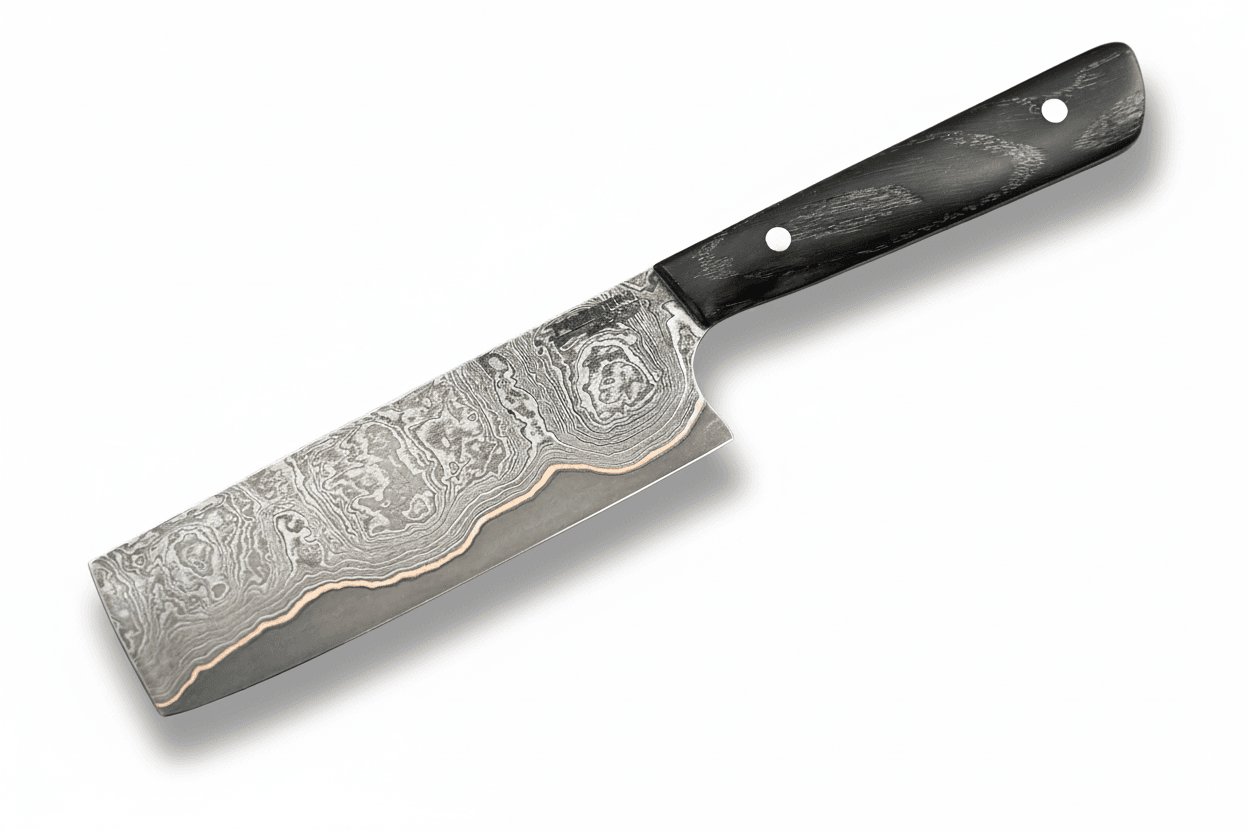 Damast-Nakiri-Messer mit schwarzem Griff und Damastklinge mit Holzmaserung