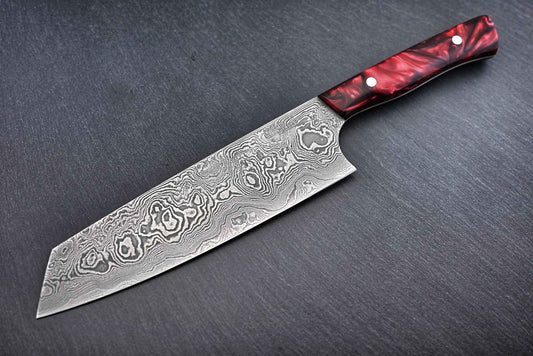 Damast Santoku 20 cm mit Wild Damast-Klinge, rotem Griff und 180 Lagen