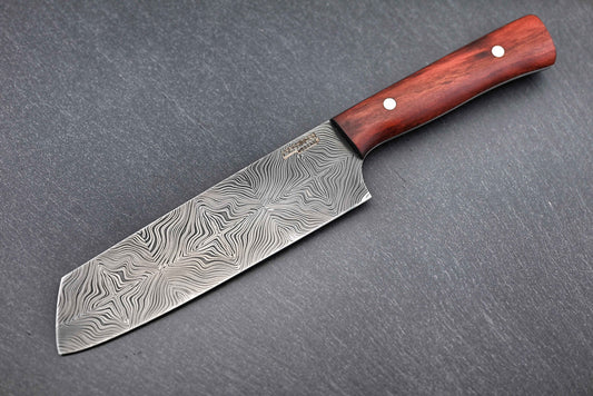 Damast Santoku Mosaikdamast, Damastmuster auf der Klinge, Holzgriff