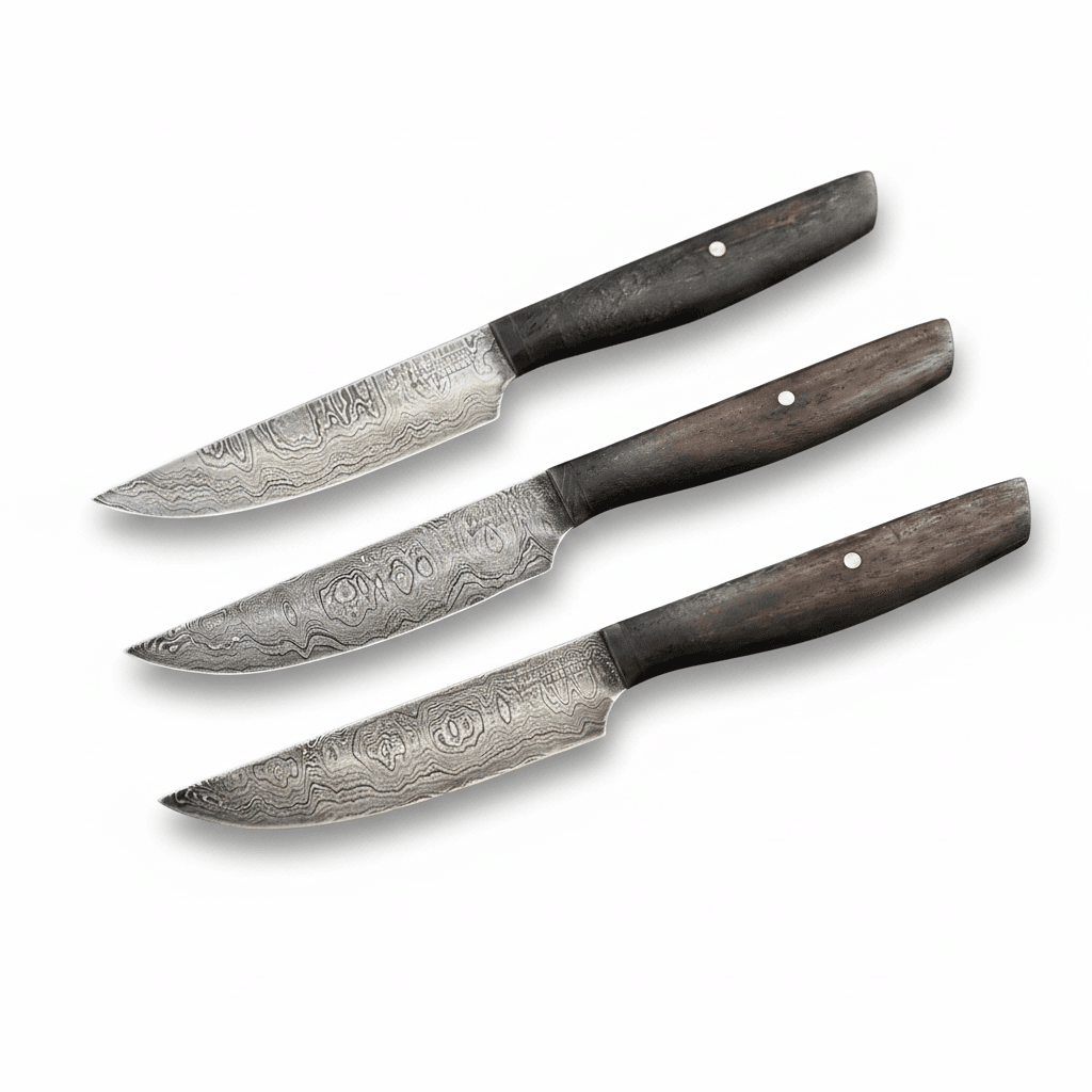 Paschinger Damast-Steakmesser-Set: 3 Messer mit Holzgriffen und Damaskus-Klingen