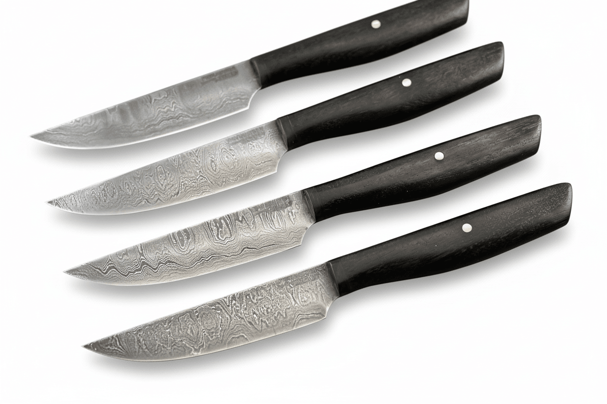 Damast-Steakmesser-Set (4): 4 Klingen mit Damastmuster, schwarze Holzhefte