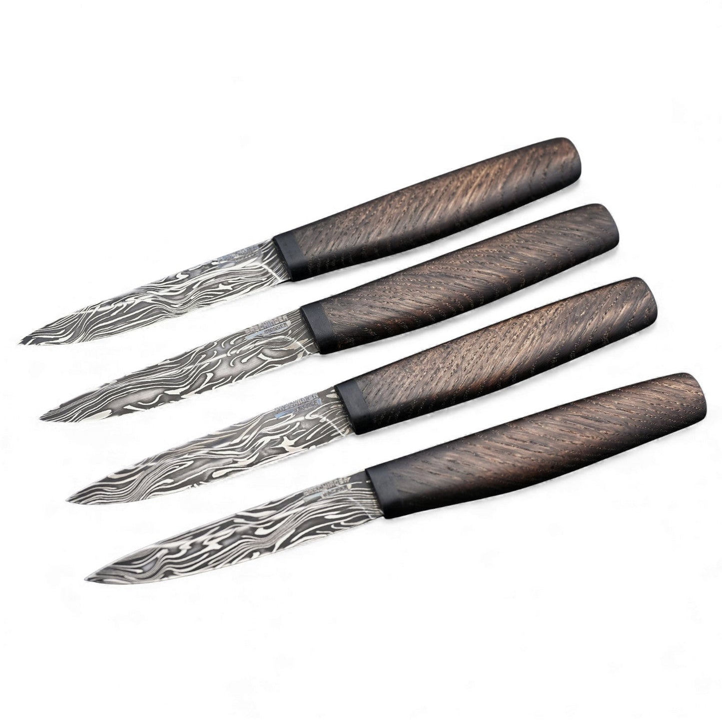 Damast-Steakmesser-Set: 4 Messer mit Holzgriff und Damastklinge (Torsionsdamast)
