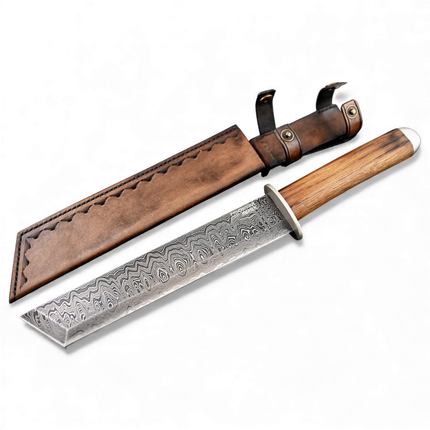 Damast Tanto Messer mit Wilden Damast-Muster, Lederscheide und Holzgriff