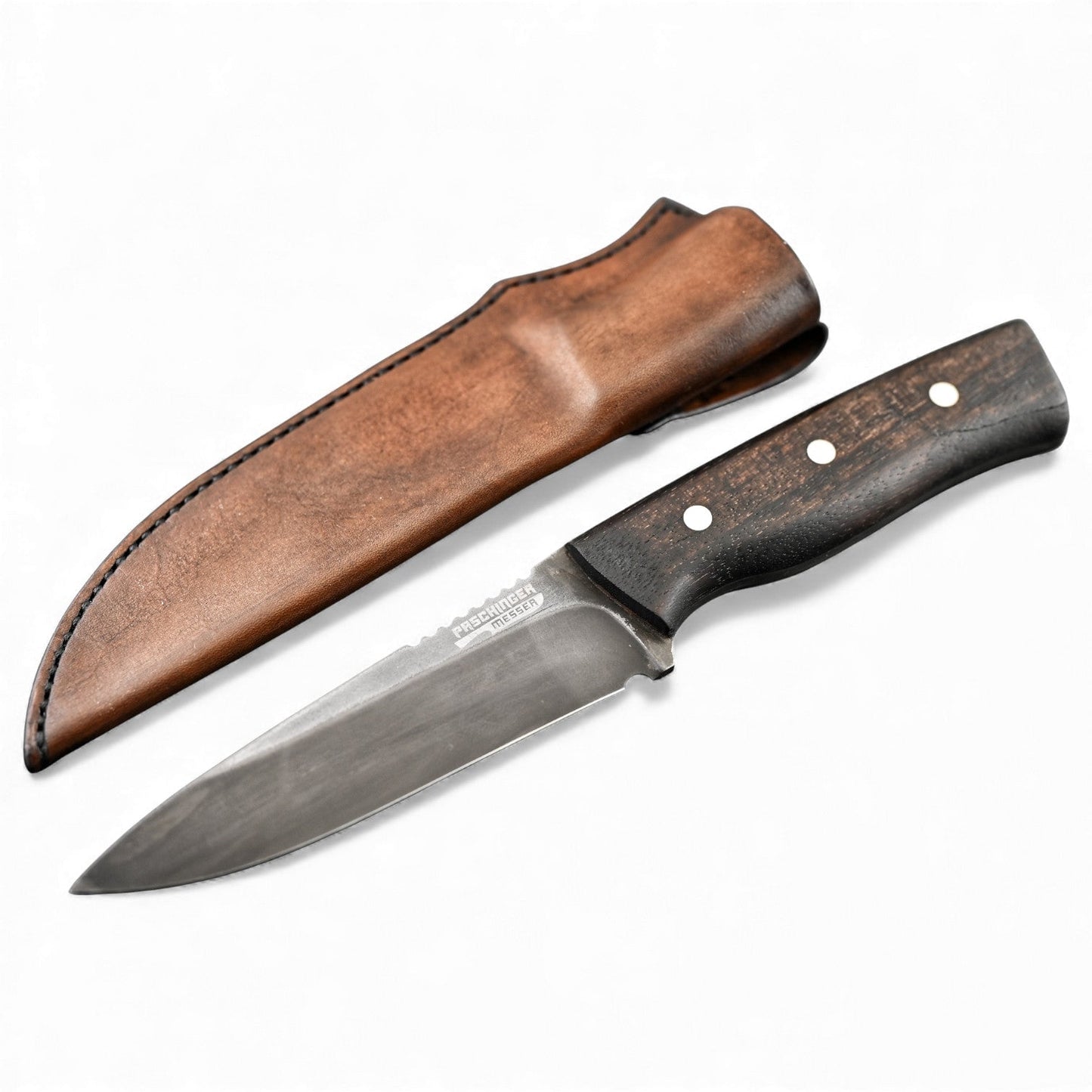 Jagdmesser „RoughRider“ mit brauner Lederscheide und glatter Klinge