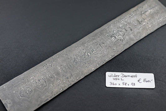 Wilder Damastklinge 350 Lagen, silbernes Muster, ca. 320×58×1,7 mm
