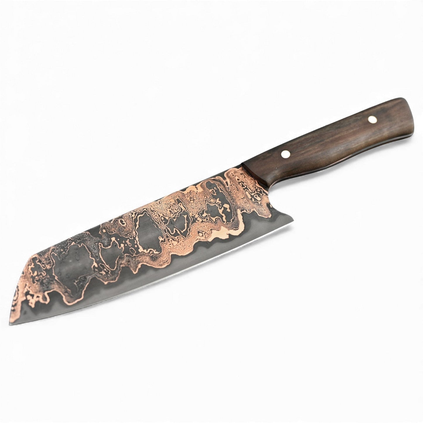 Kupfer Damast-Santoku mit Holzgriff und zwei Nieten, Klingenmuster im Wellenrelief