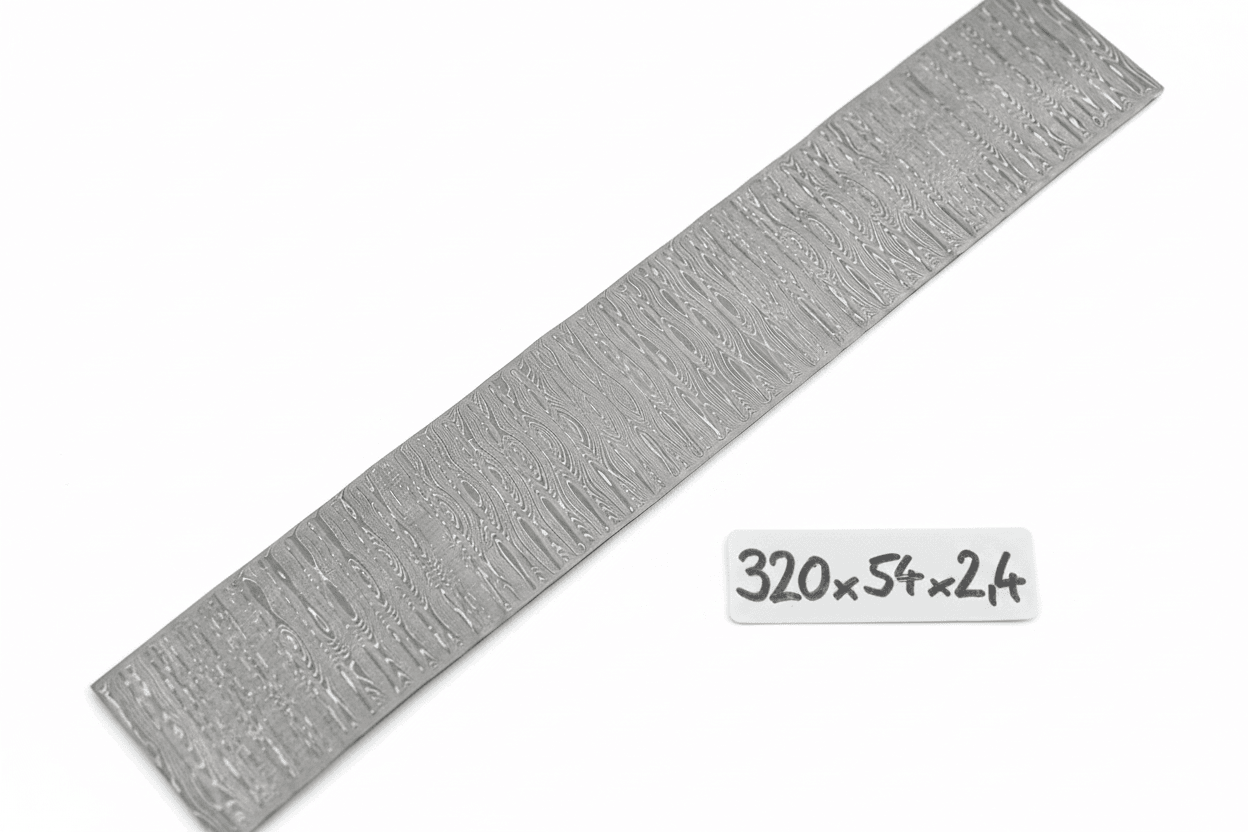 Leiterdamast 140 Lagen, grauer Damaststahl-Riegel mit Prägung, 320×54×24
