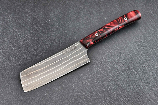 Mini Damast-Santoku mit rotem Griff und damaszierten Klingenlagen