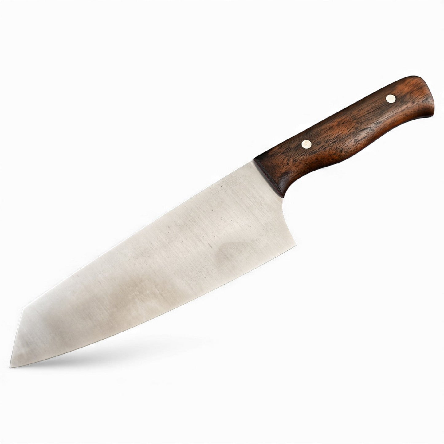 Santoku-Kochmesser, rostfrei: Klinge und dunkelbrauner Holzgriff mit Nieten