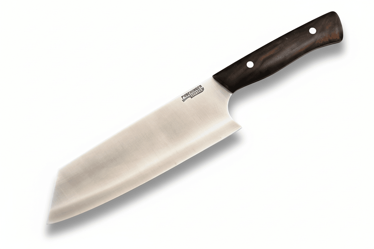 Santoku-Kochmesser, rostfrei: Edelstahlklinge mit dunklem Holzgriff und Nieten