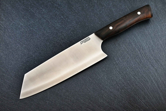 Santoku-Kochmesser rostfrei mit gewölbter Edelstahlklinge und dunklem Holzgriff