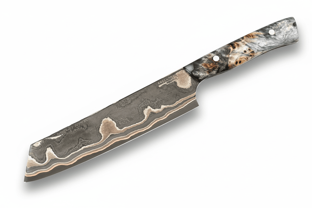 Santoku-Messer mit Kupferdamast-Klinge und Apex Ultra, Wellenmuster am Blatt